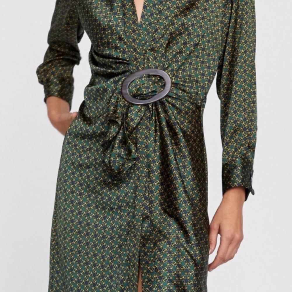 ZARA MIDI Green-Printed with Buckle - Black and Green Long Sleeve Dress